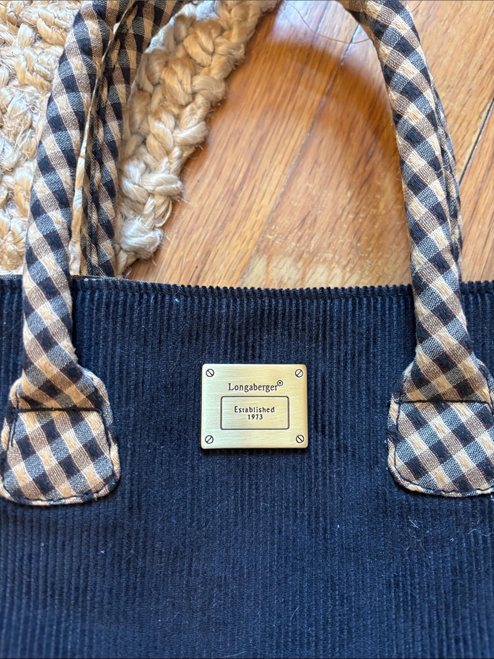Longaberger Black Corduroy Tote with Brown Plaid Handles - Picture 5 of 7